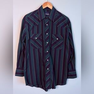 Wrangler Western Pearl Snap Striped Shirt Green Purple 15.5
